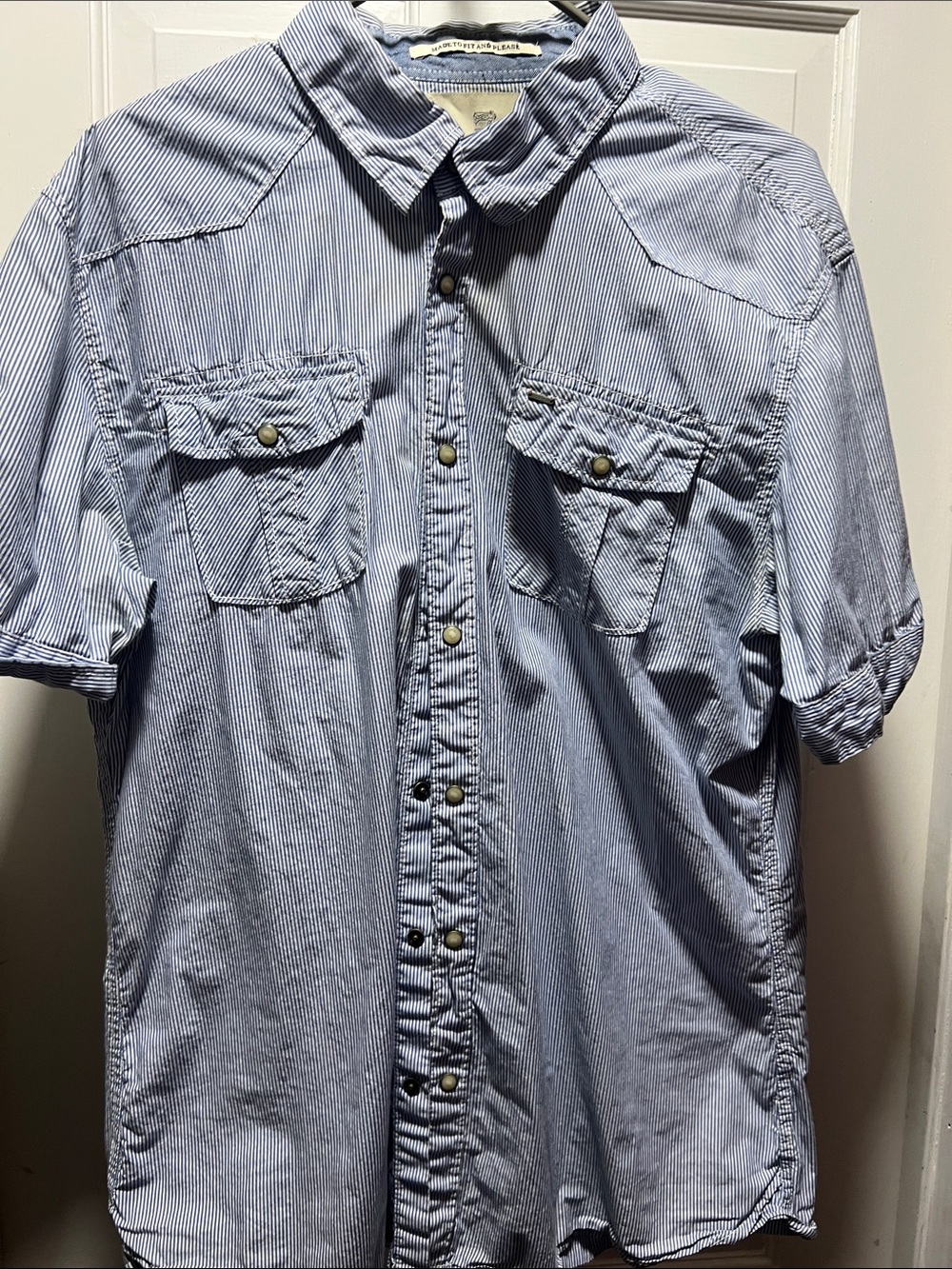 Scotch & Soda Light Blue and White Striped Short-Sleeve Button-Down Shirt